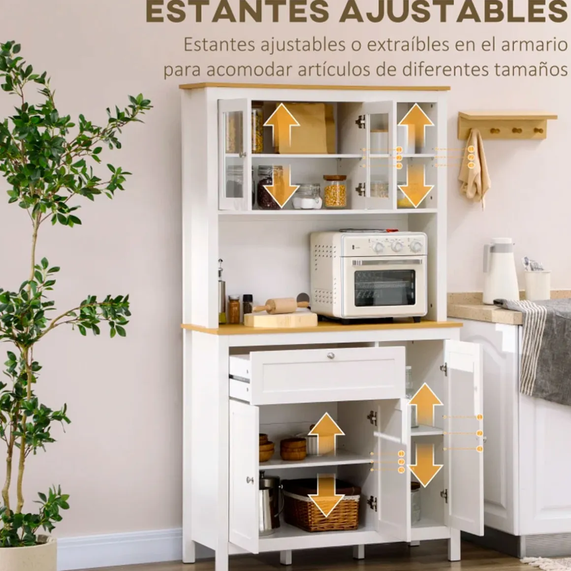 Aparador de cocina Indie Homcom diseño minimalista blanco/natural 180x100x40 cm