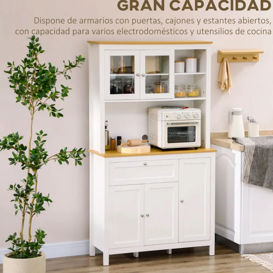 Aparador de cocina Indie Homcom diseño minimalista blanco/natural 180x100x40 cm