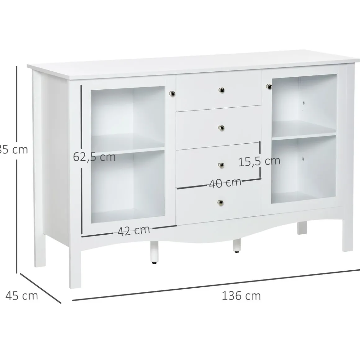 Aparador de cocina Lilia Homcom 2 puertas + 4 cajones blanco 85x136x45 cm