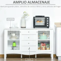 Aparador de cocina Lilia Homcom 2 puertas + 4 cajones blanco 85x136x45 cm