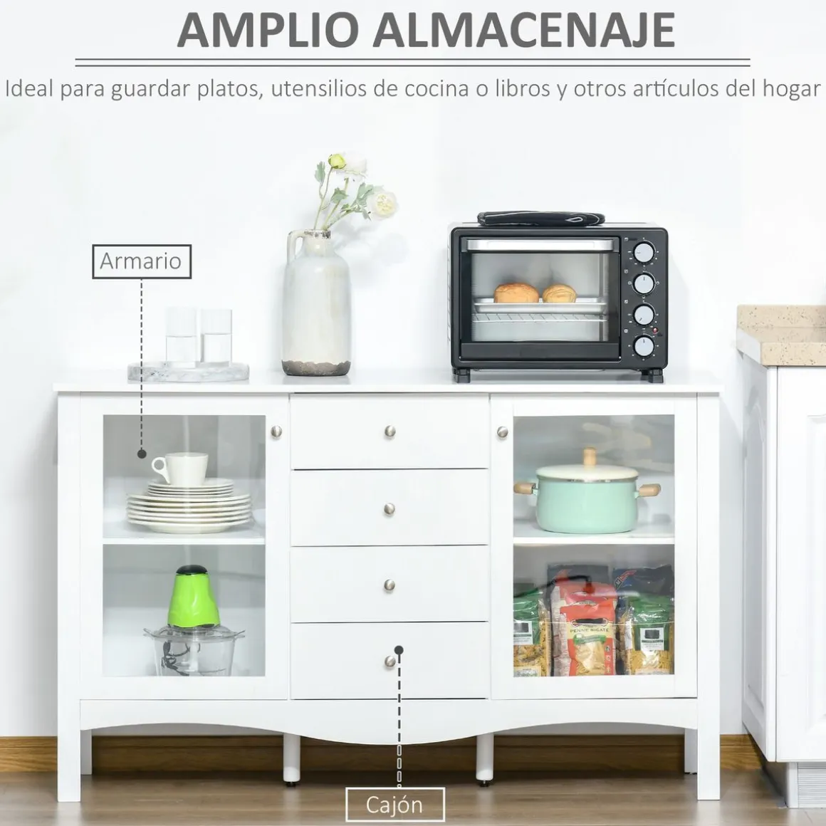 Aparador de cocina Lilia Homcom 2 puertas + 4 cajones blanco 85x136x45 cm