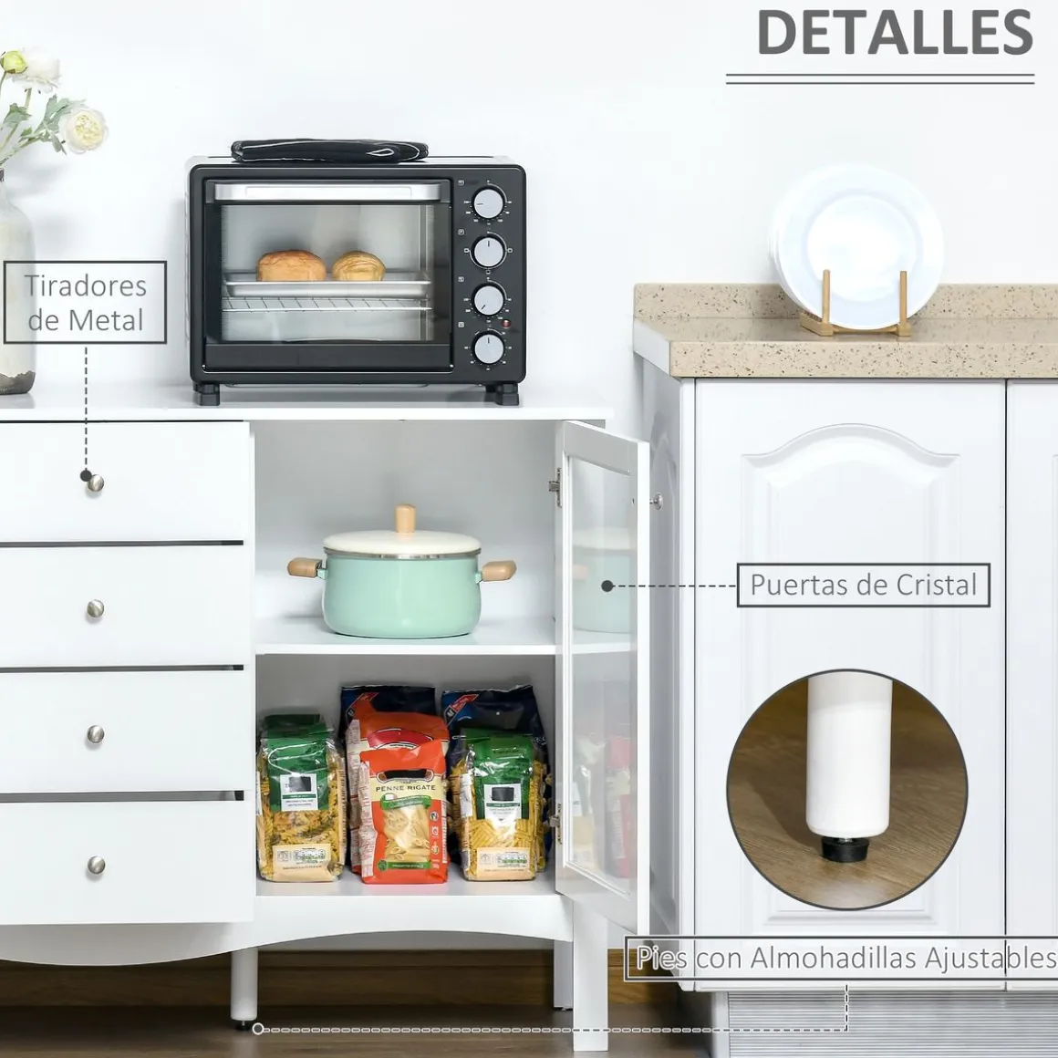Aparador de cocina Lilia Homcom 2 puertas + 4 cajones blanco 85x136x45 cm