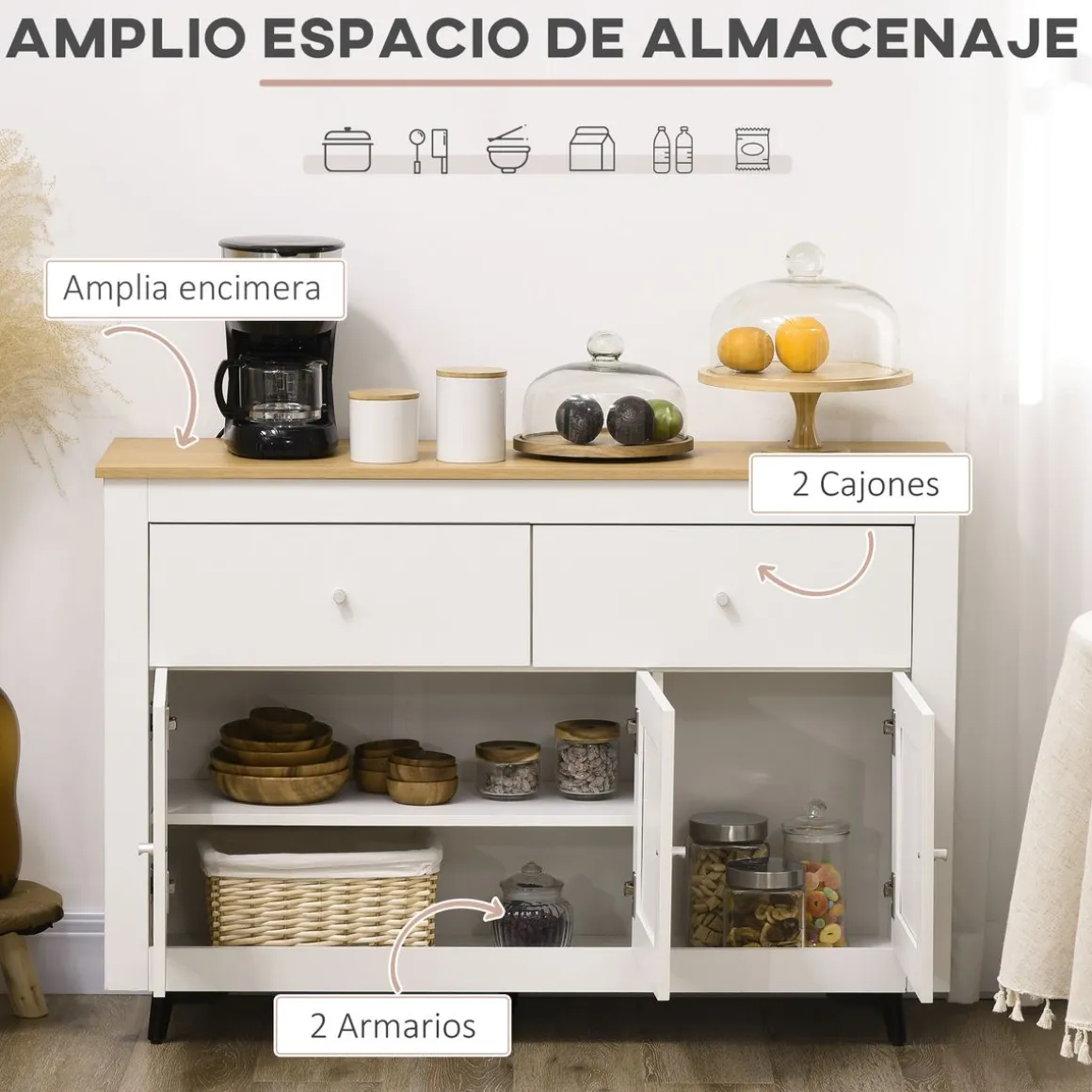 Aparador de cocina Namur Homcom 2 cajones + 3 puertas blanco/natural 80x117x35 cm