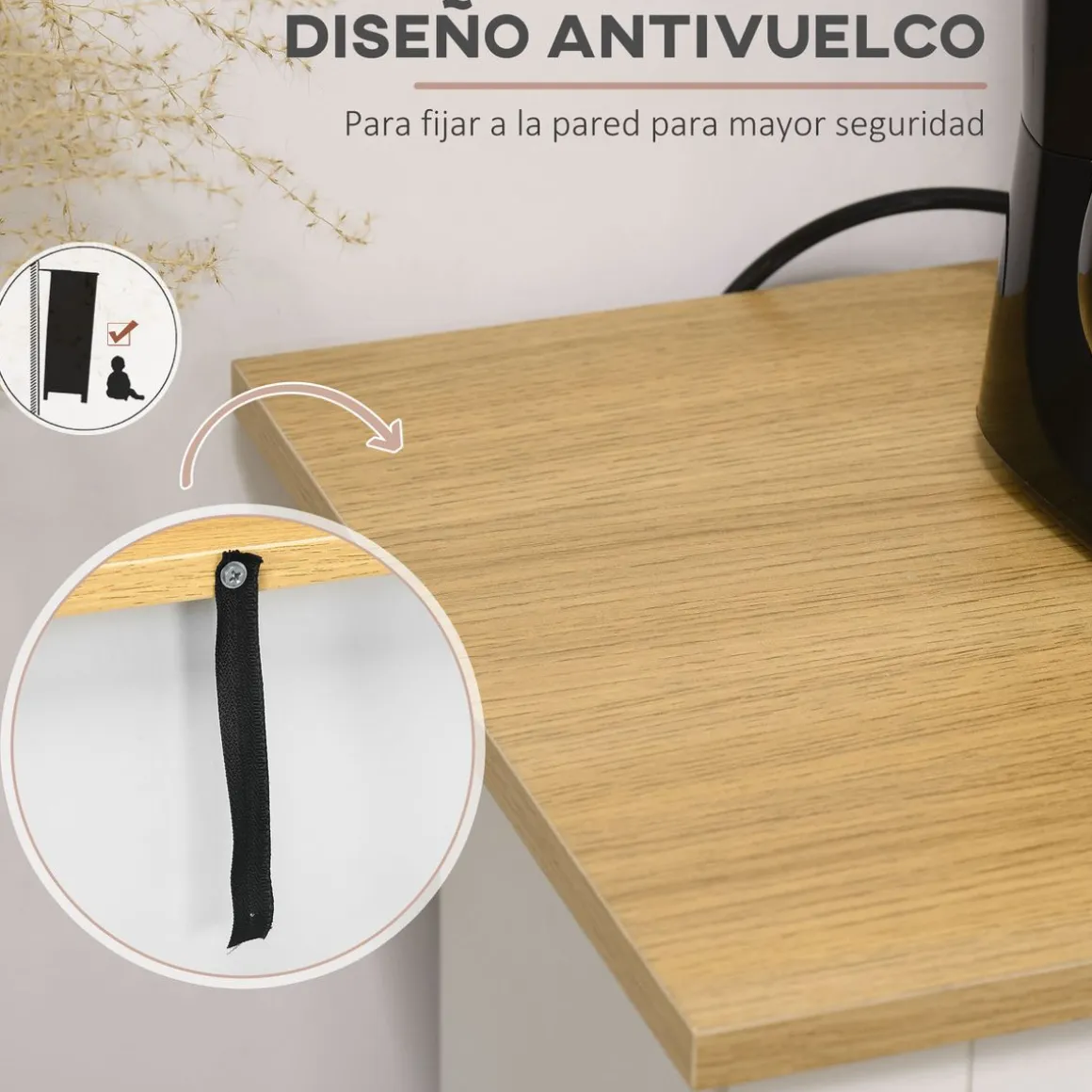 Aparador de cocina Namur Homcom 2 cajones + 3 puertas blanco/natural 80x117x35 cm