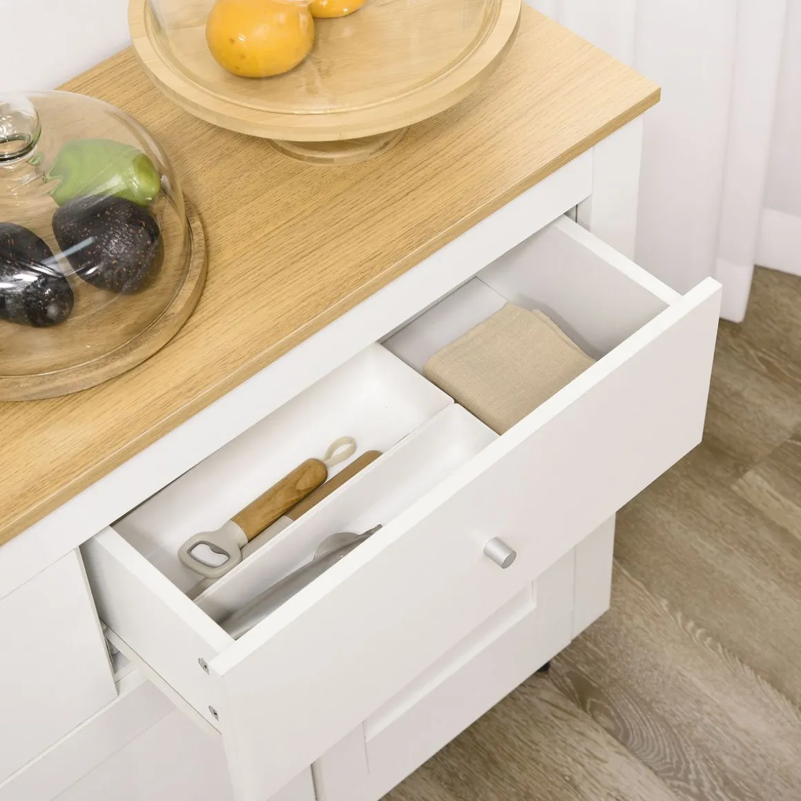 Aparador de cocina Namur Homcom 2 cajones + 3 puertas blanco/natural 80x117x35 cm