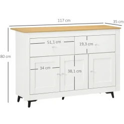 Aparador de cocina Namur Homcom 2 cajones + 3 puertas blanco/natural 80x117x35 cm