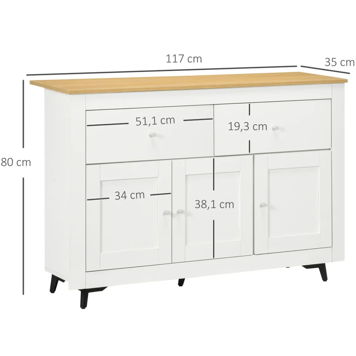 Aparador de cocina Namur Homcom 2 cajones + 3 puertas blanco/natural 80x117x35 cm