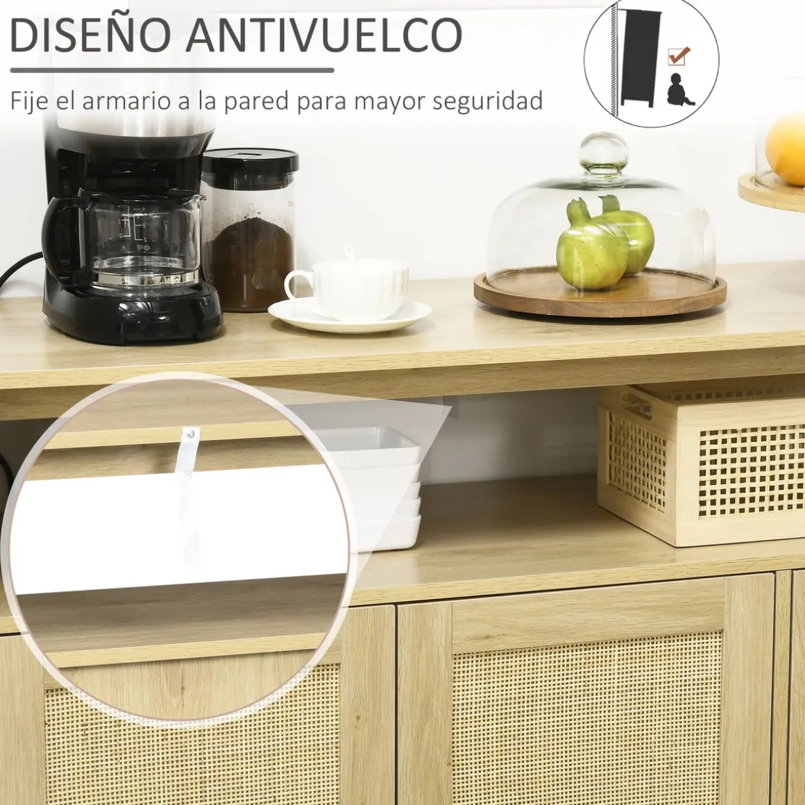 Aparador de cocina San Vicente Homcom 3 puertas estilo cannage natural 97x120x40 cm