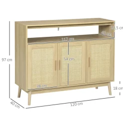 Aparador de cocina San Vicente Homcom 3 puertas estilo cannage natural 97x120x40 cm