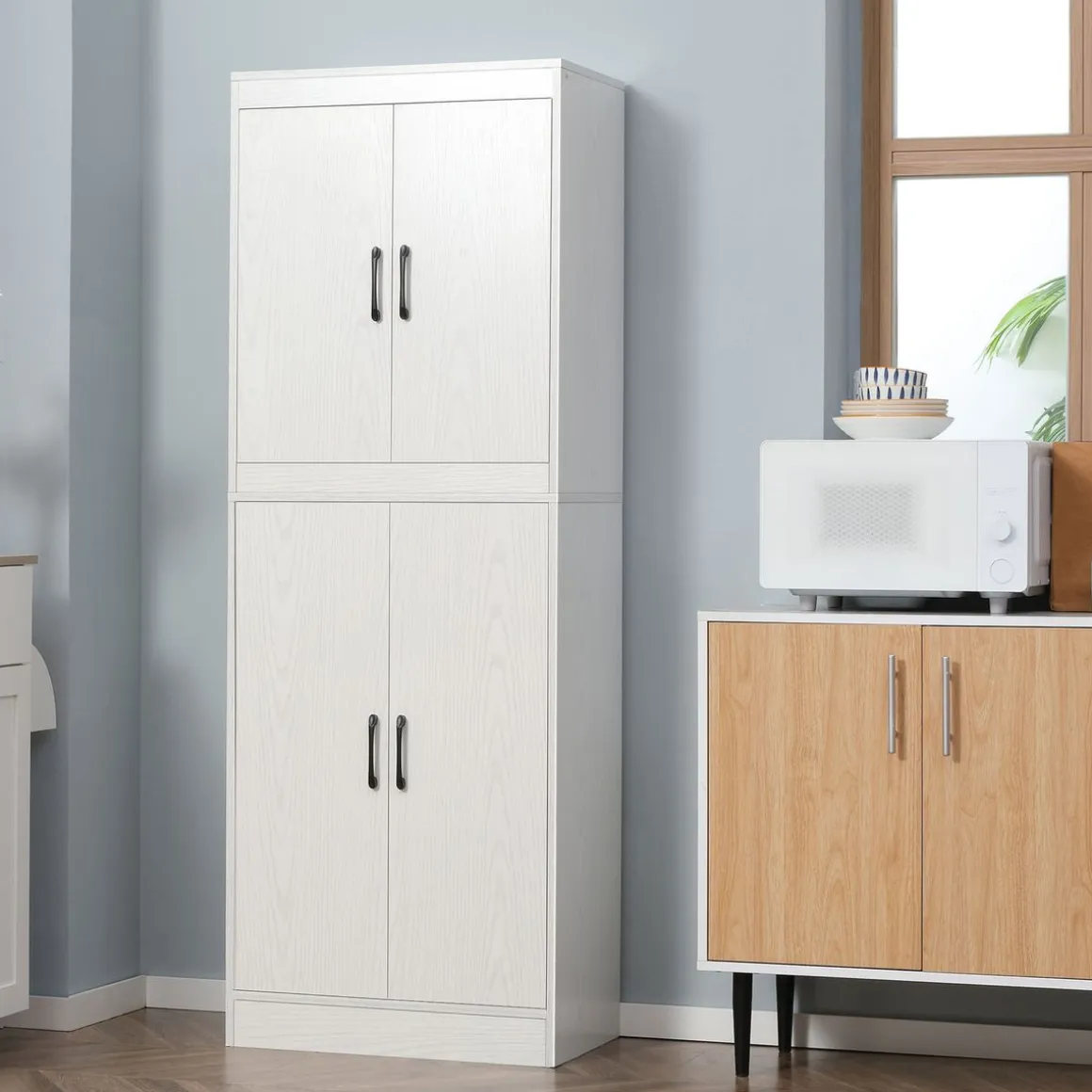 Aparador de cocina Tiko Homcom 4 puertas + 5 estantes blanco 168x60x36 cm