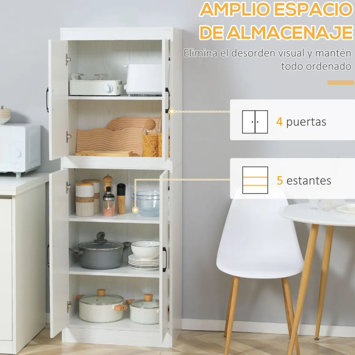 Aparador de cocina Tiko Homcom 4 puertas + 5 estantes blanco 168x60x36 cm