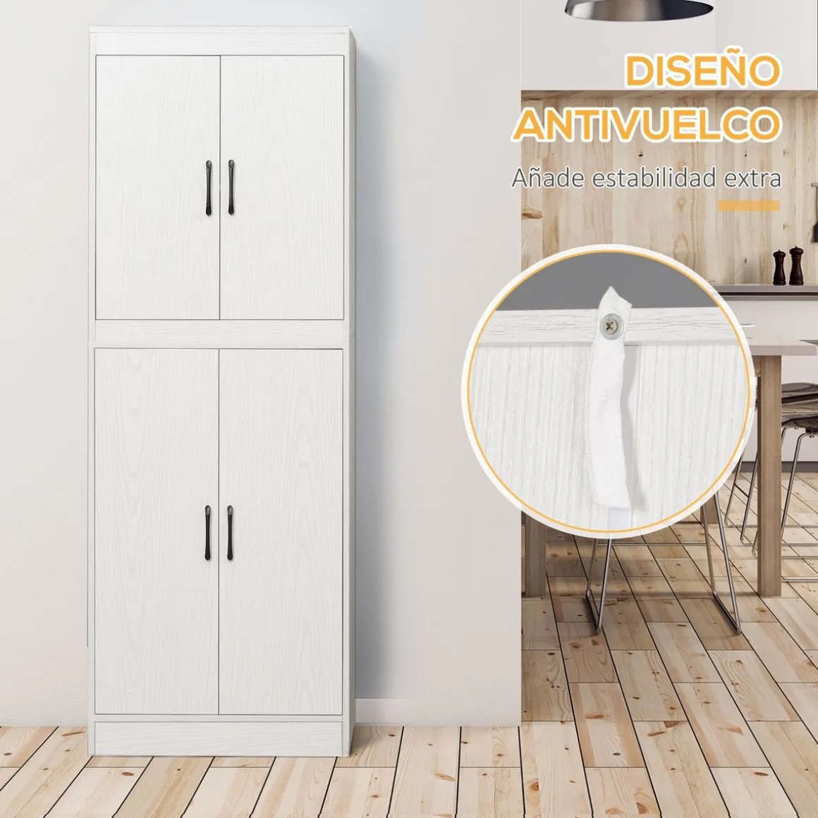 Aparador de cocina Tiko Homcom 4 puertas + 5 estantes blanco 168x60x36 cm