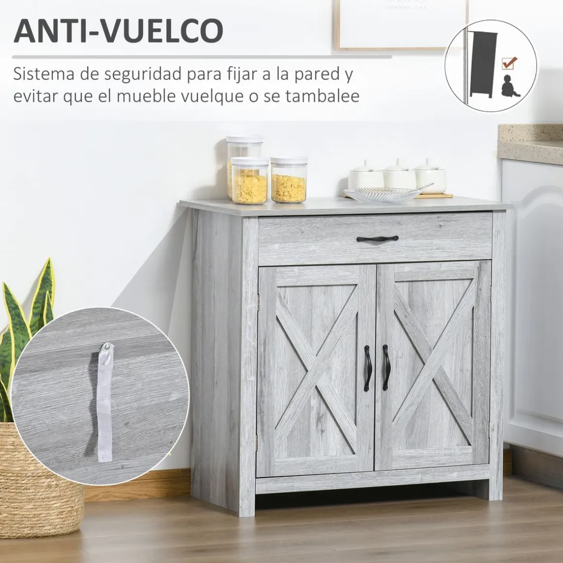 Aparador de cocina Tomas Homcom 1 cajón + 2 puertas gris 80x80x39,7 cm