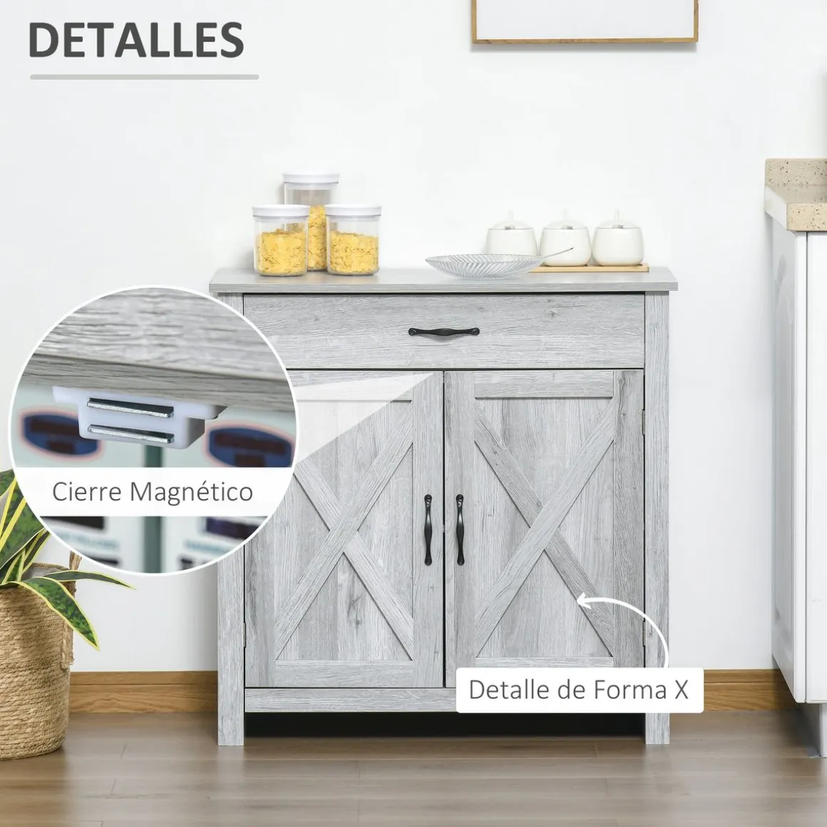 Aparador de cocina Tomas Homcom 1 cajón + 2 puertas gris 80x80x39,7 cm