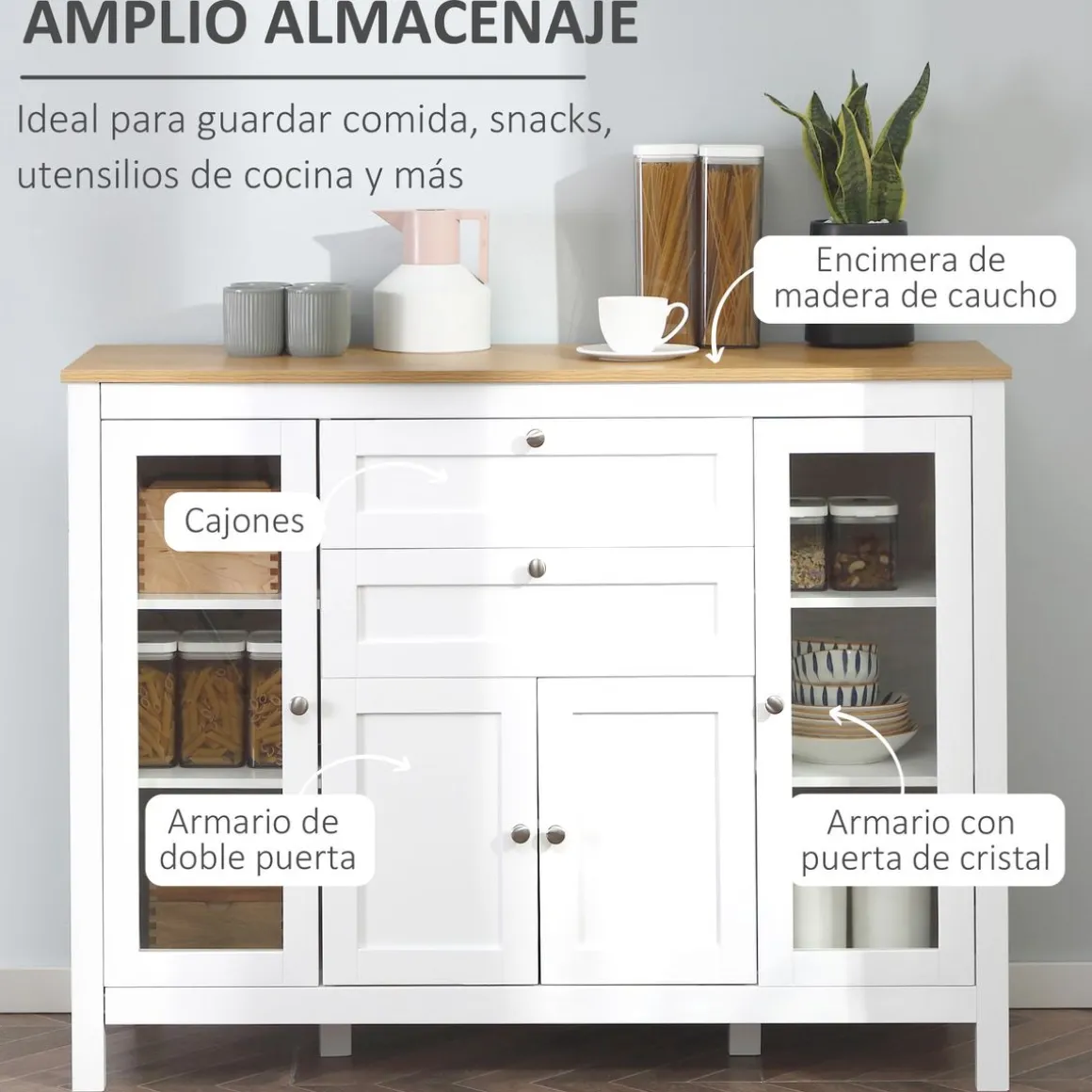 Aparador de cocina Vis Homcom 2 cajones + 2 puertas blanco/natural 90x120x40 cm