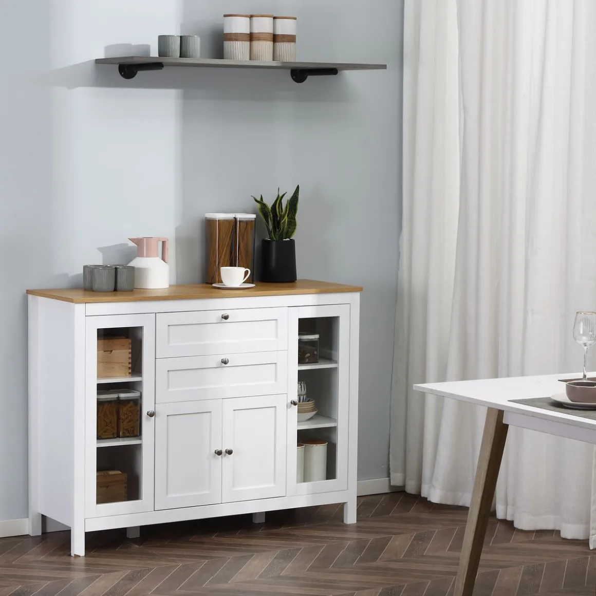 Aparador de cocina Vis Homcom 2 cajones + 2 puertas blanco/natural 90x120x40 cm