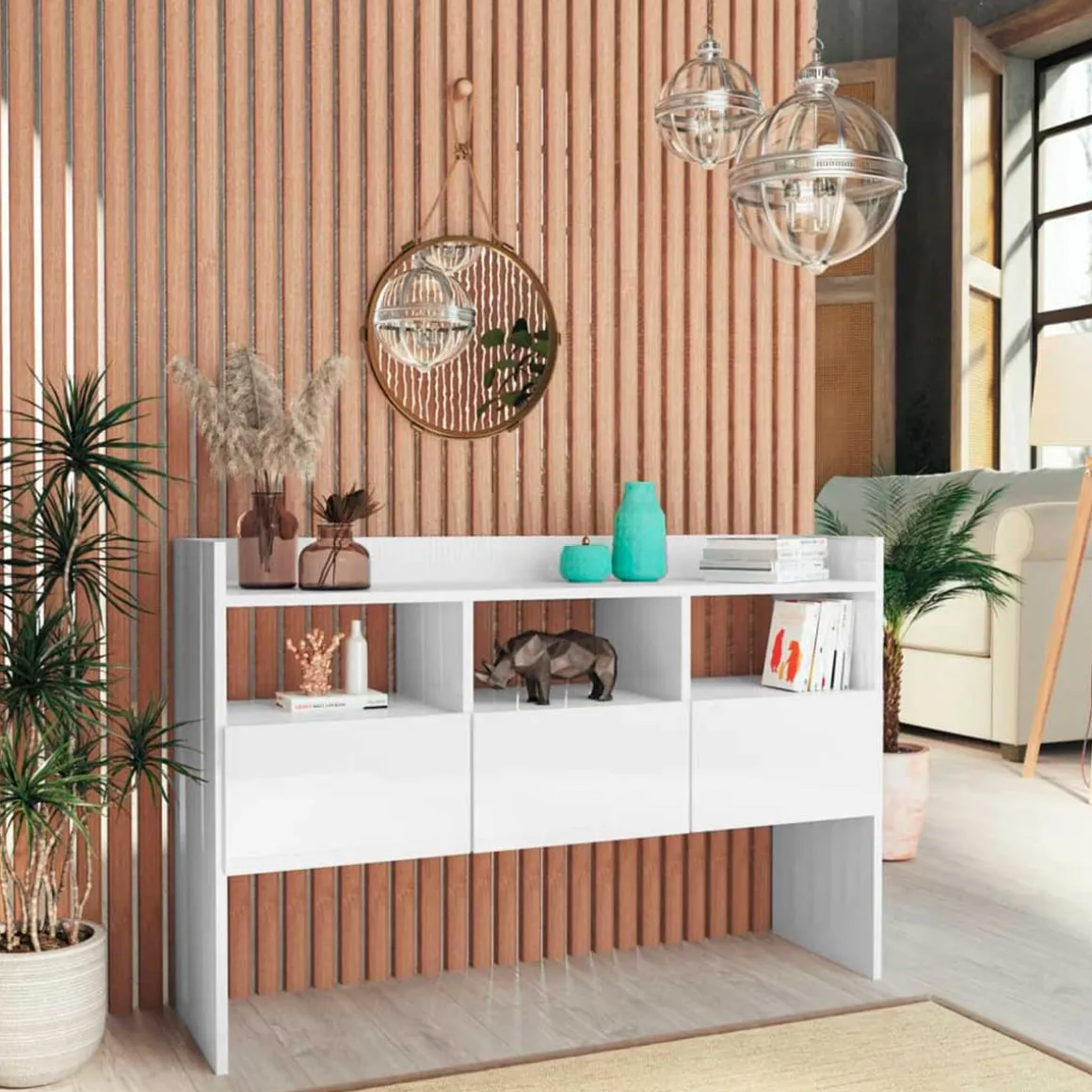 Aparador de madera 3 cajones 3 estantes blanco brillo 70x105x30 cm