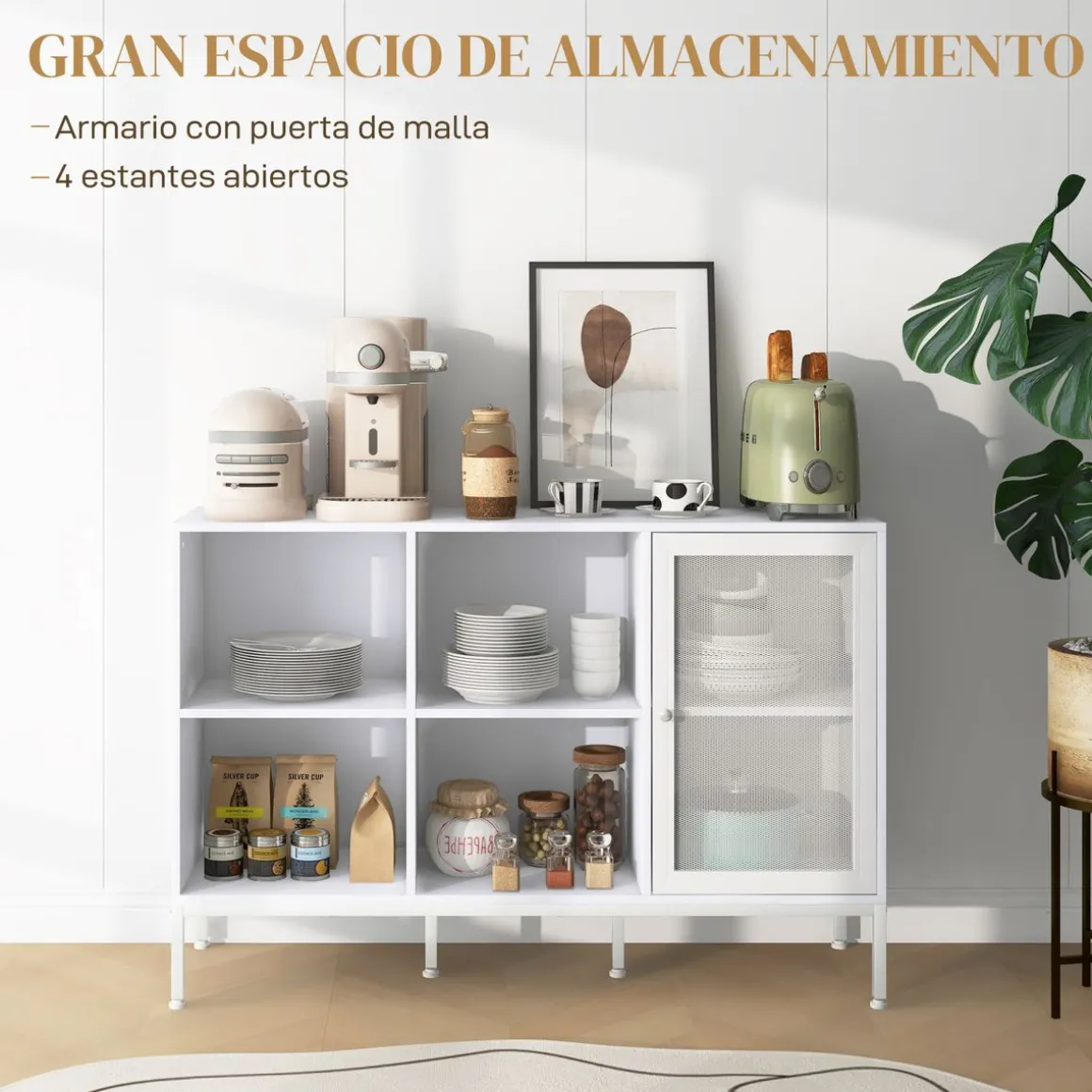 Aparador Desai Homcom 4 compartimentos + 1 puerta blanco 81,5x120x37 cm