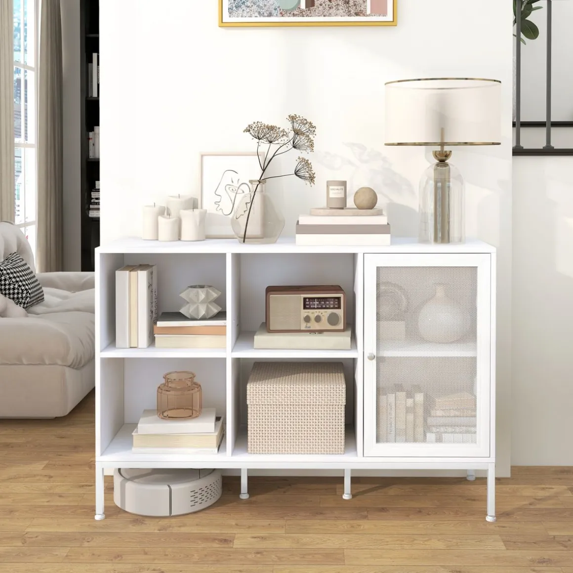 Aparador Desai Homcom 4 compartimentos + 1 puerta blanco 81,5x120x37 cm