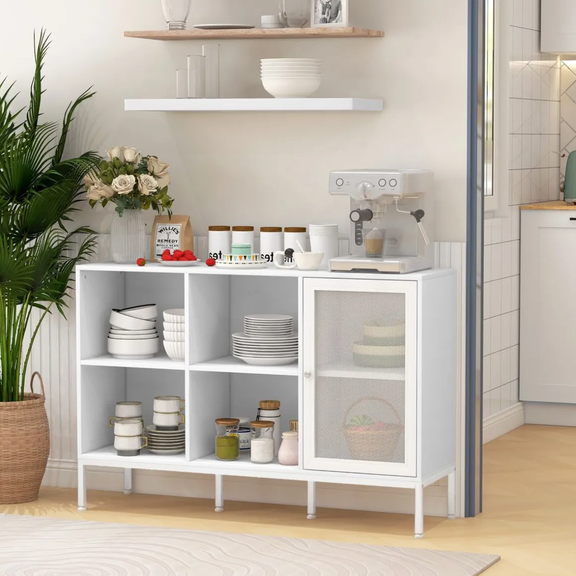 Aparador Desai Homcom 4 compartimentos + 1 puerta blanco 81,5x120x37 cm