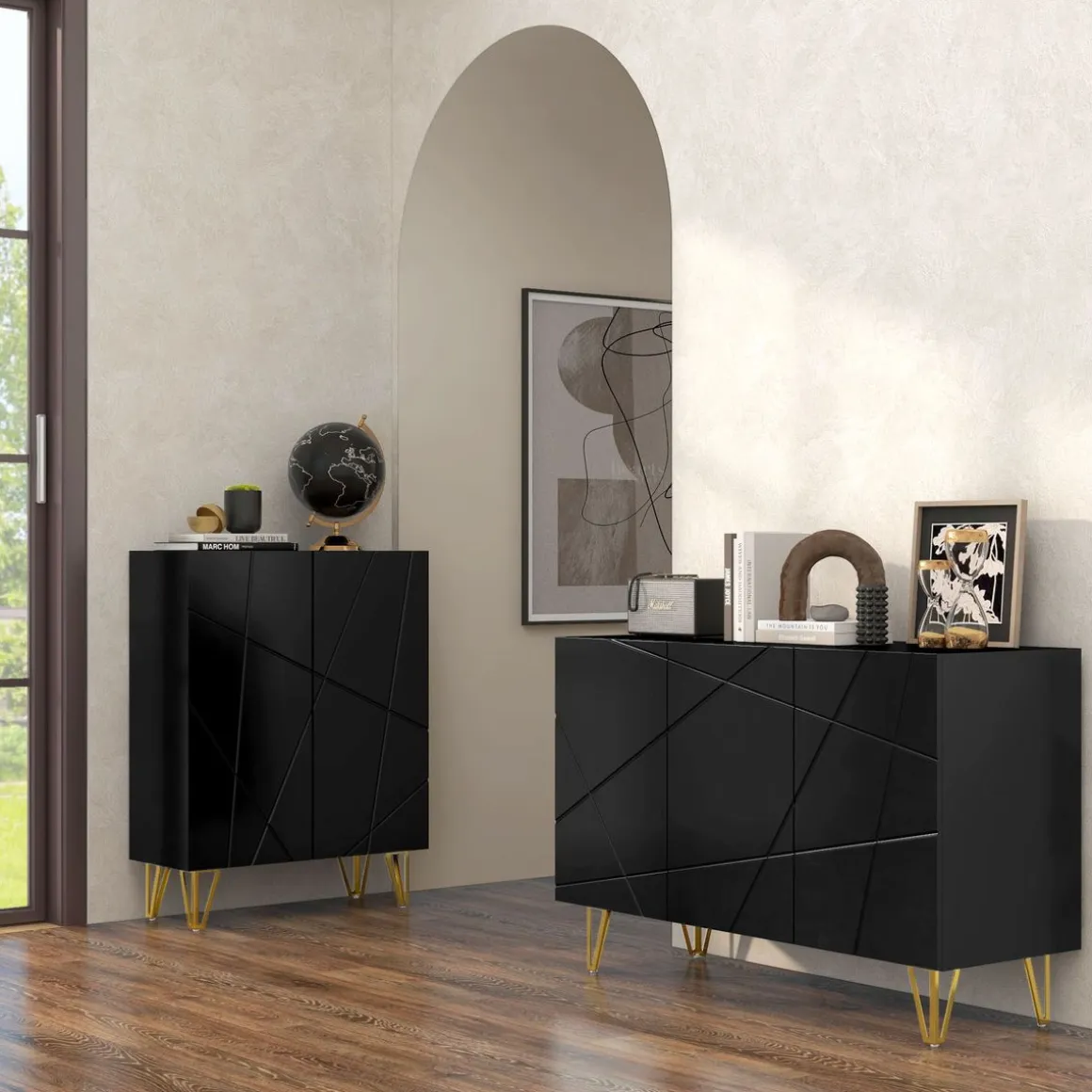 Aparador Desiré Homcom 3 puertas negro/dorado 75x120x40 cm
