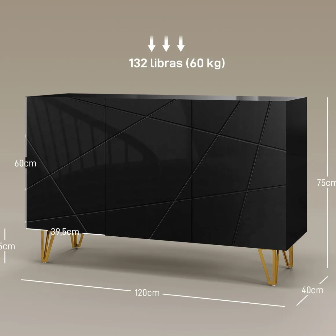 Aparador Desiré Homcom 3 puertas negro/dorado 75x120x40 cm