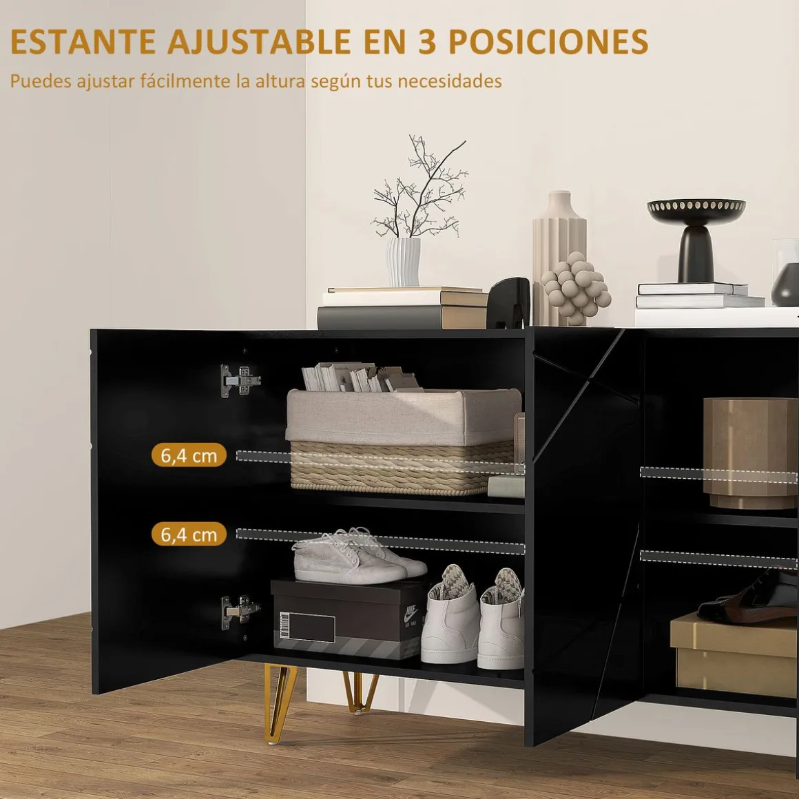 Aparador Desiré Homcom 3 puertas negro/dorado 75x120x40 cm