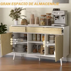 Aparador Dilhia Homcom 2 puertas con 3 cajones y 2 compartimentos blanco/natural 77x120x39 cm
