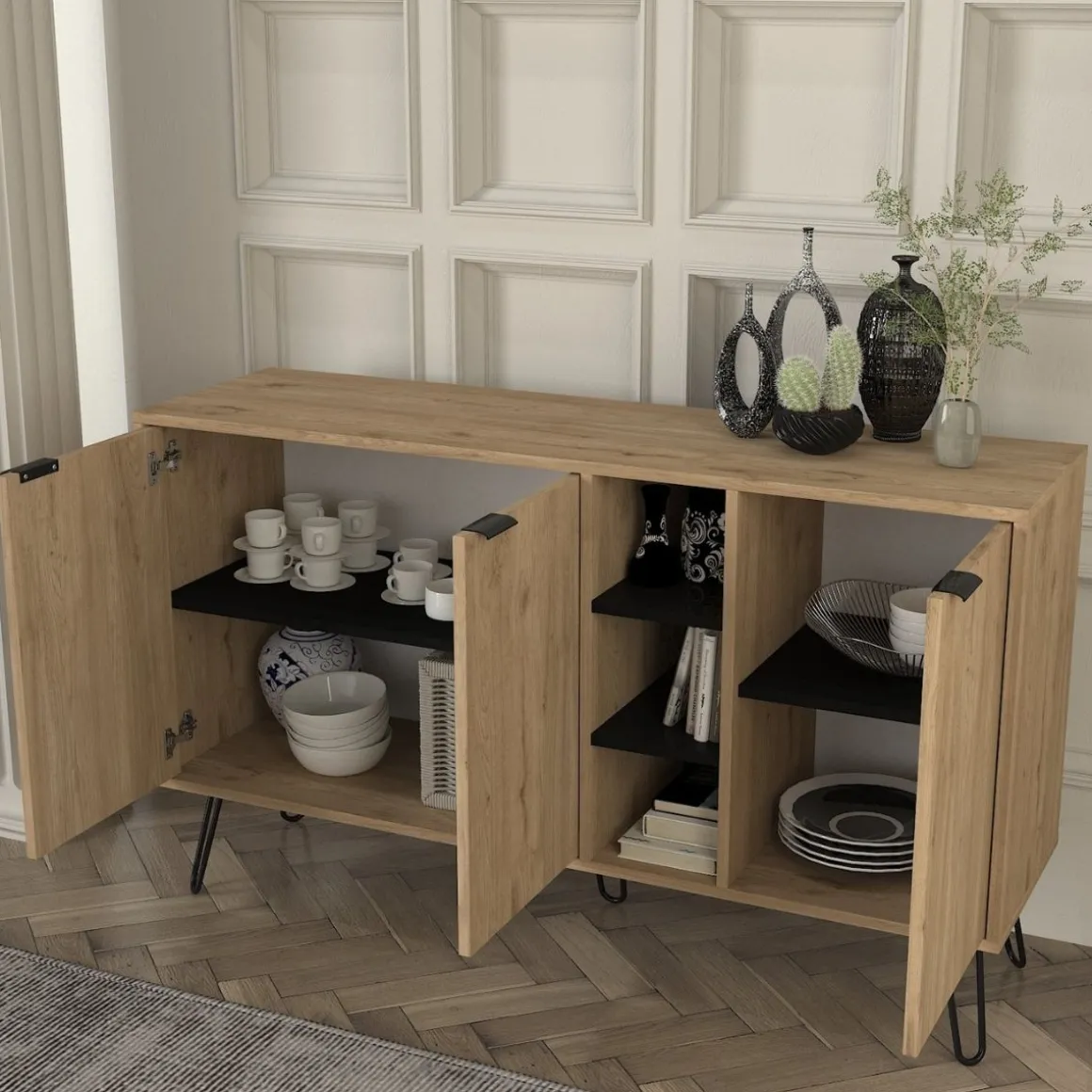 Aparador Dorel 3 puertas natural/negro 83x140x83 cm