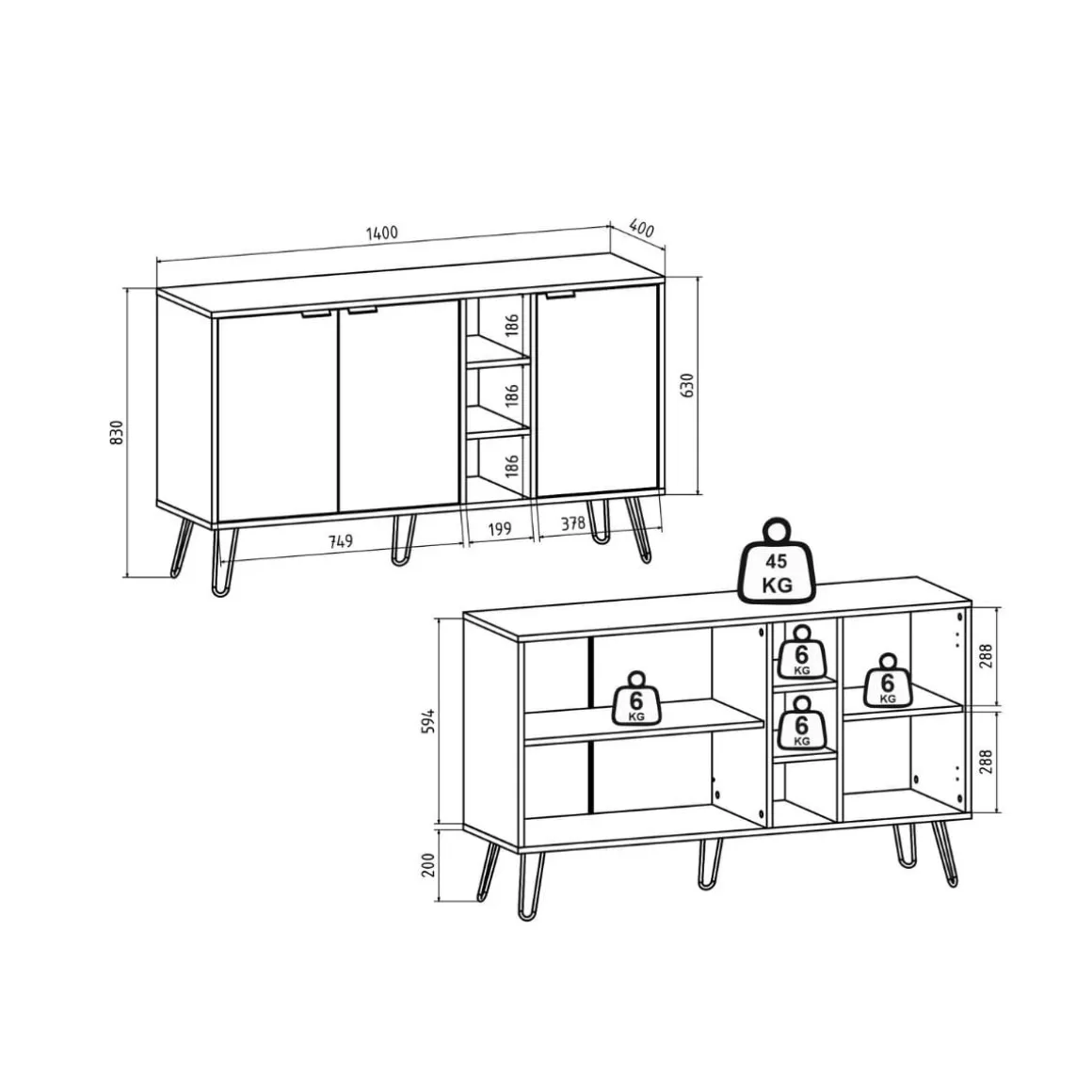 Aparador Dorel 3 puertas natural/negro 83x140x83 cm