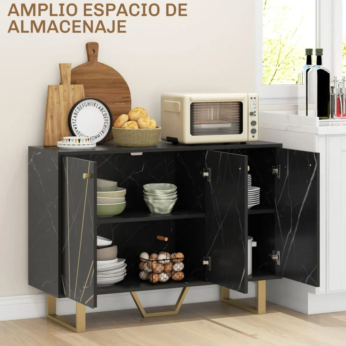 Aparador Gatsby Homcom 2 armarios + estantes ajustables negro/dorado 75x107x35 cm