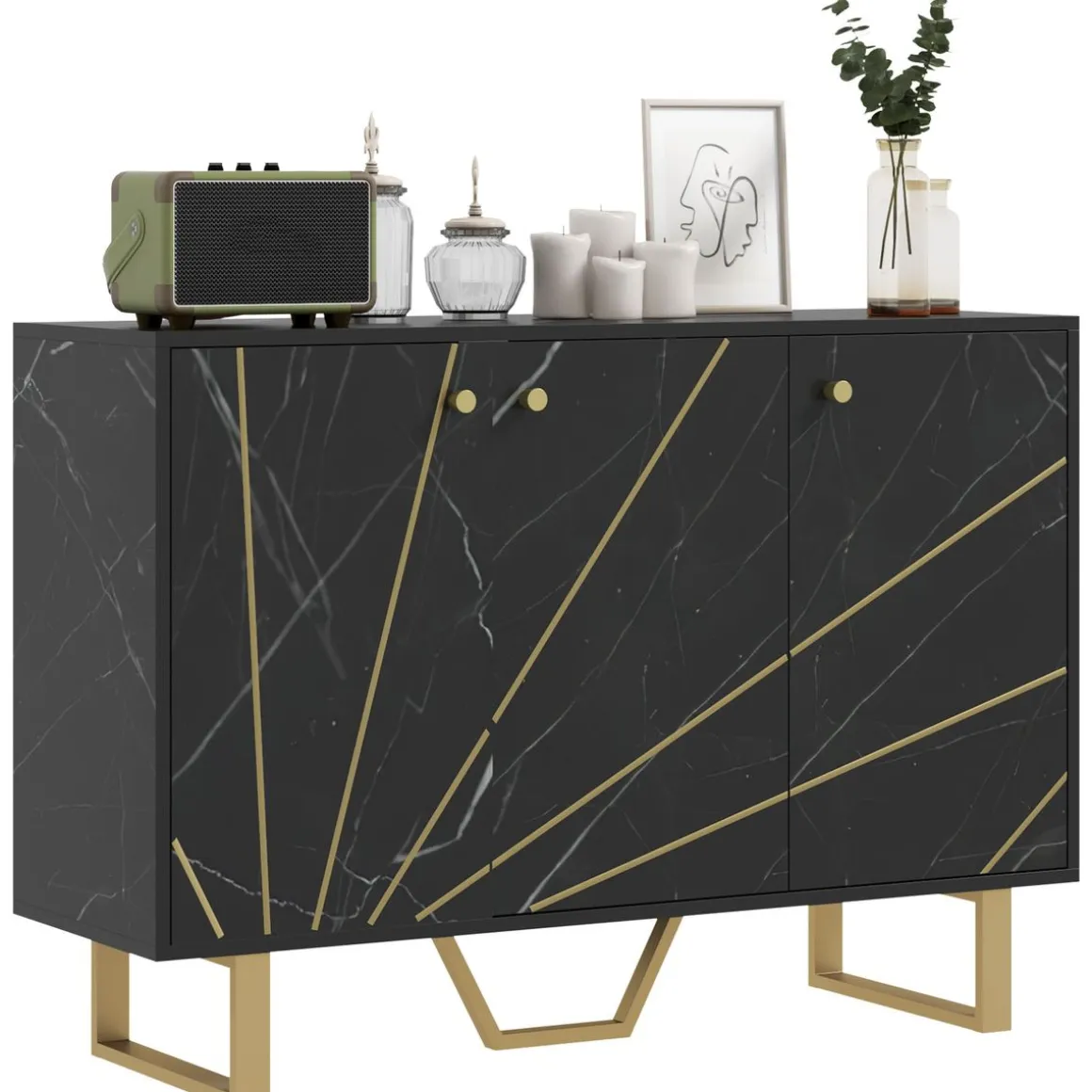 Aparador Gatsby Homcom 2 armarios + estantes ajustables negro/dorado 75x107x35 cm