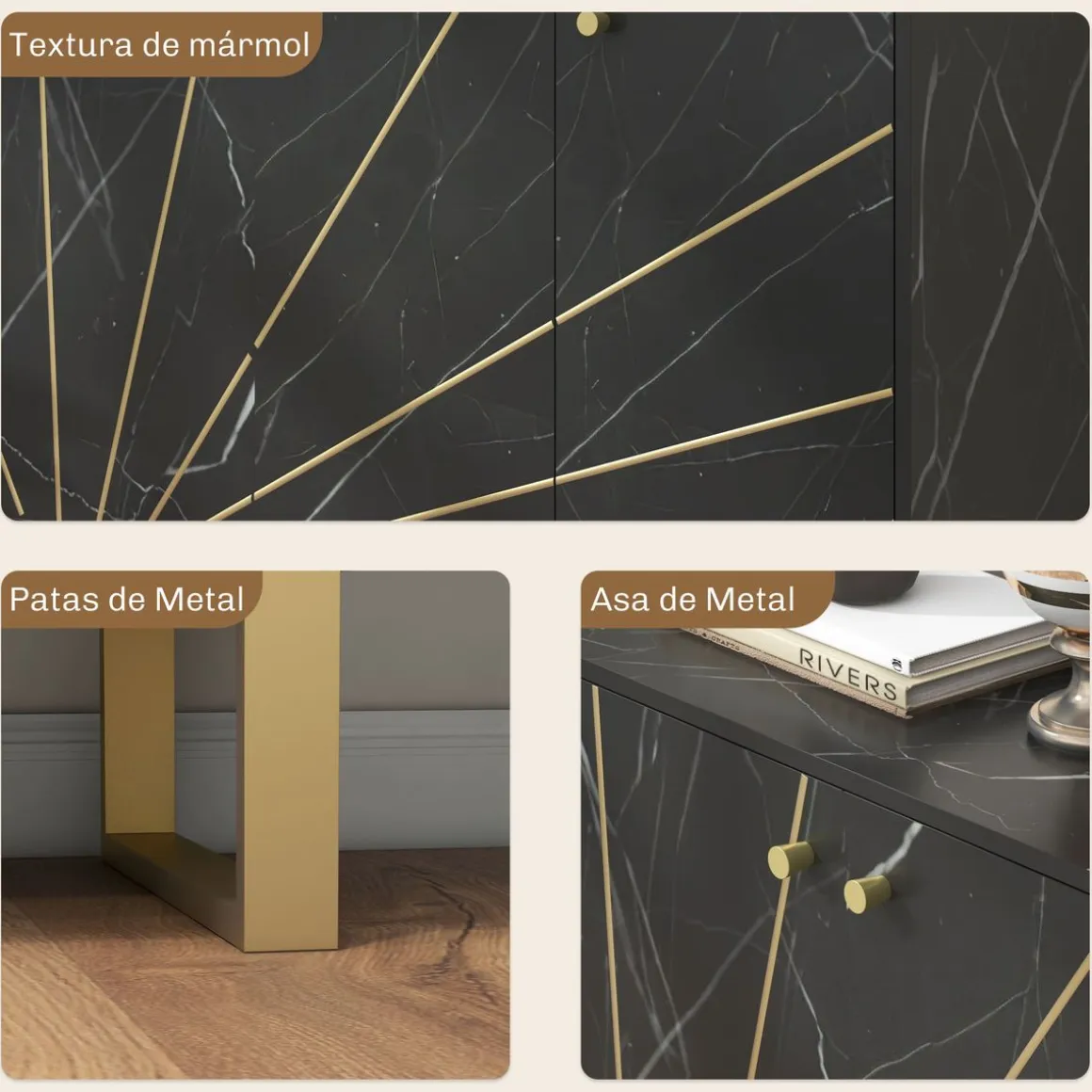 Aparador Gatsby Homcom 2 armarios + estantes ajustables negro/dorado 75x107x35 cm