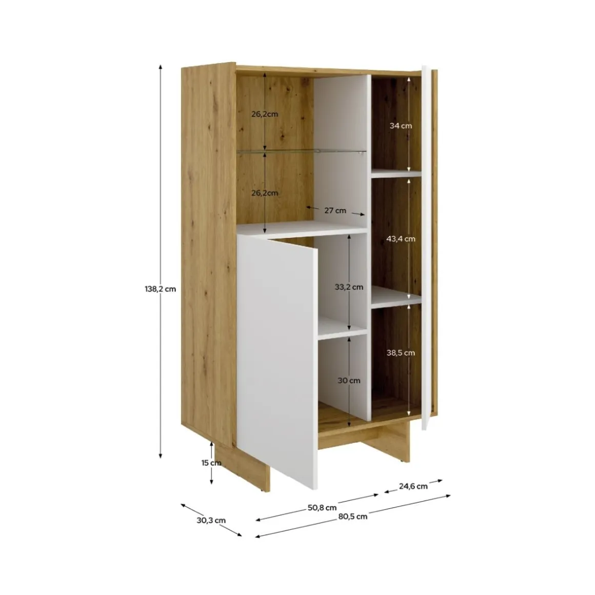 Aparador KA dos puertas con estante de cristal blanco/natural 138,2x80,5x30,3 cm