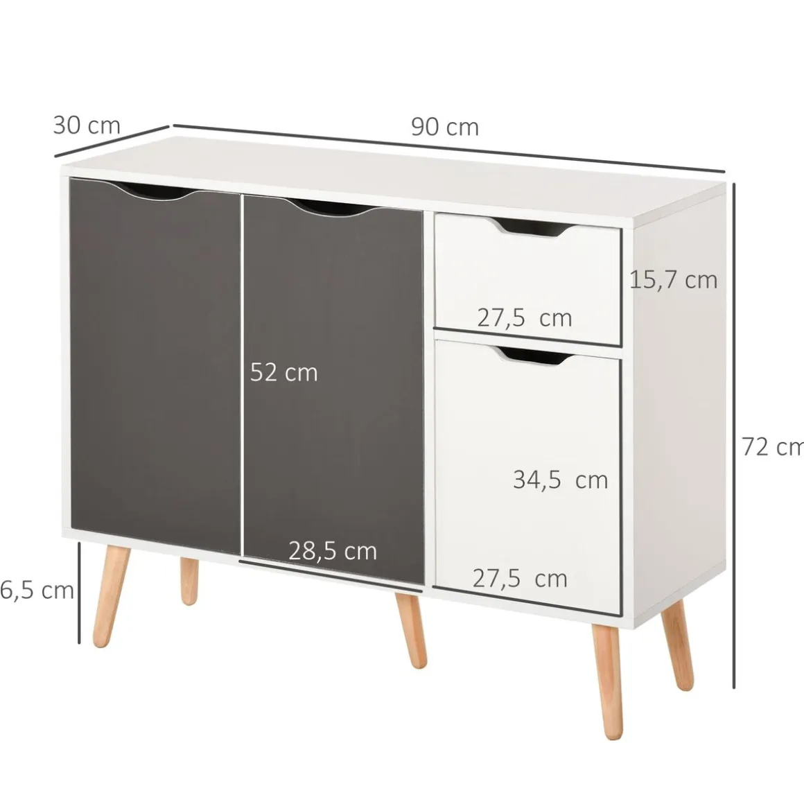 Aparador Kiwi Homcom 3 puertas + cajón blanco/gris 72x90x30 cm