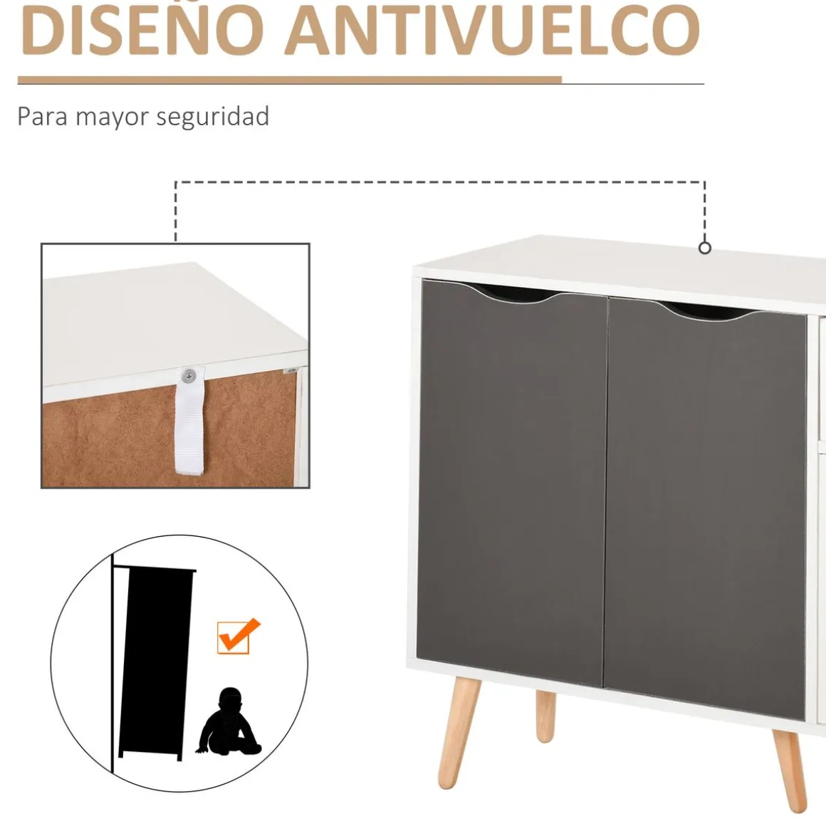 Aparador Kiwi Homcom 3 puertas + cajón blanco/gris 72x90x30 cm