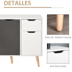Aparador Kiwi Homcom 3 puertas + cajón blanco/gris 72x90x30 cm