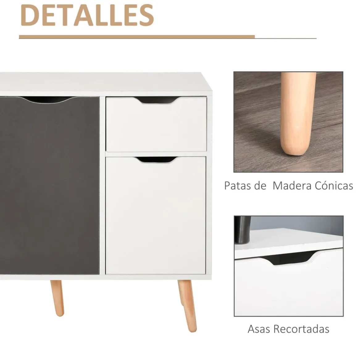 Aparador Kiwi Homcom 3 puertas + cajón blanco/gris 72x90x30 cm