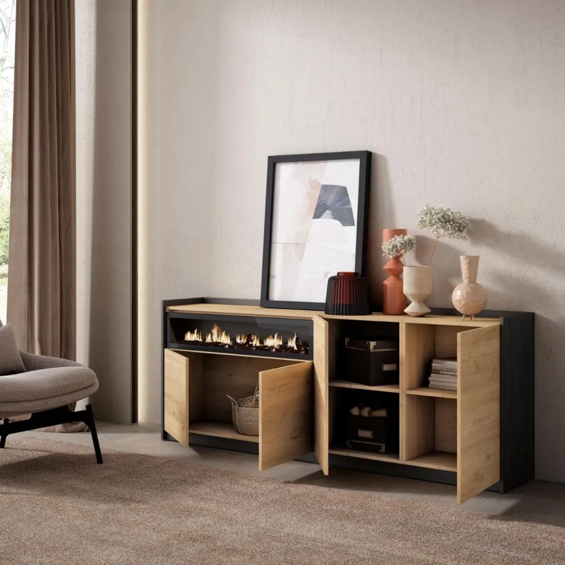 Aparador Kroma 4 puertas con chimenea izquierda 79,2x209x35 cm