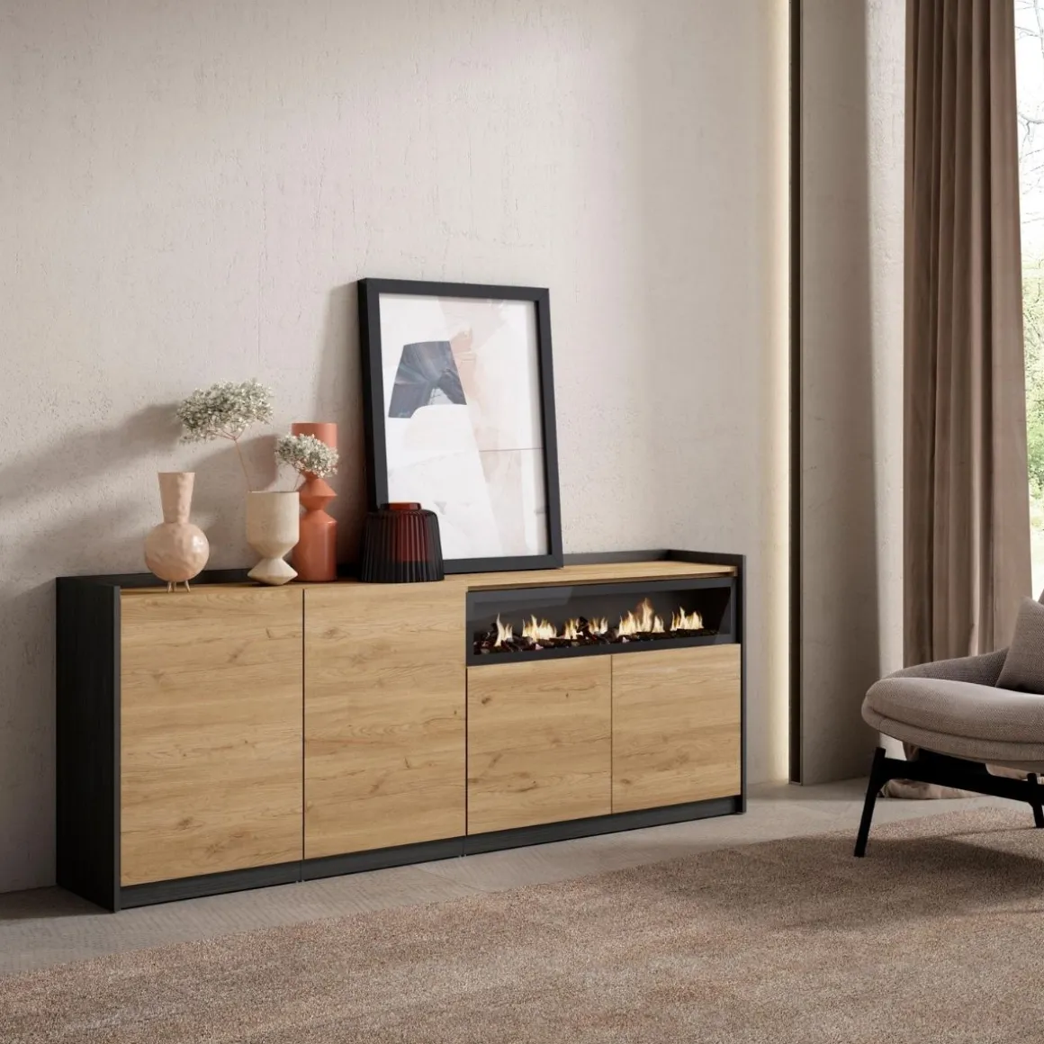 Aparador Kroma 4 puertas con chimenea derecha 79,2x209x35 cm