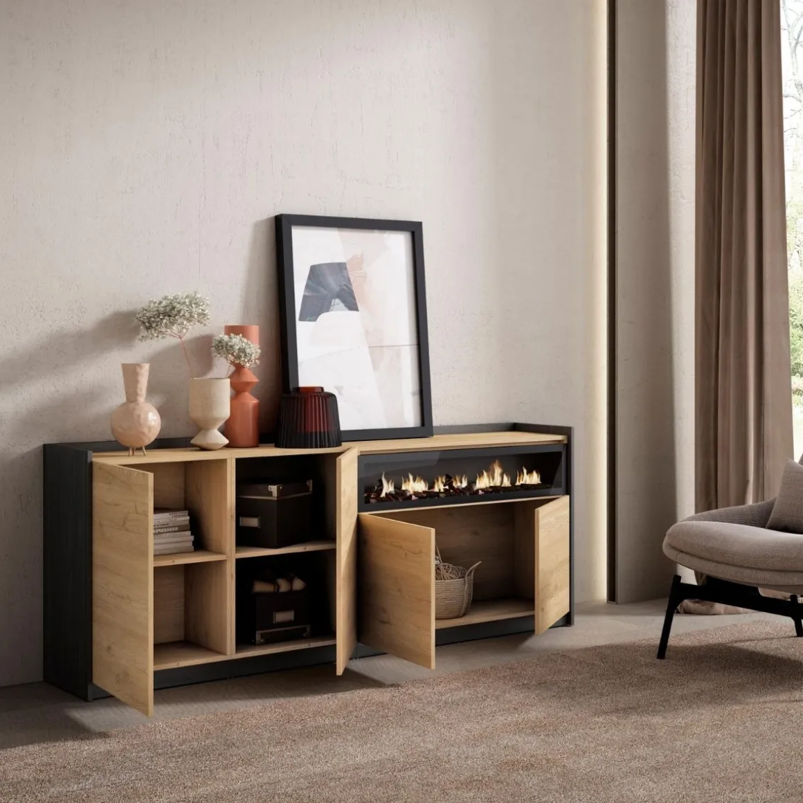 Aparador Kroma 4 puertas con chimenea derecha 79,2x209x35 cm