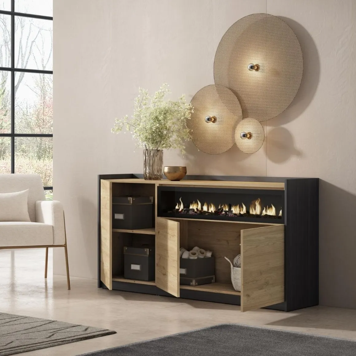 Aparador Kroma 3 puertas con chimenea derecha 80x156x37 cm