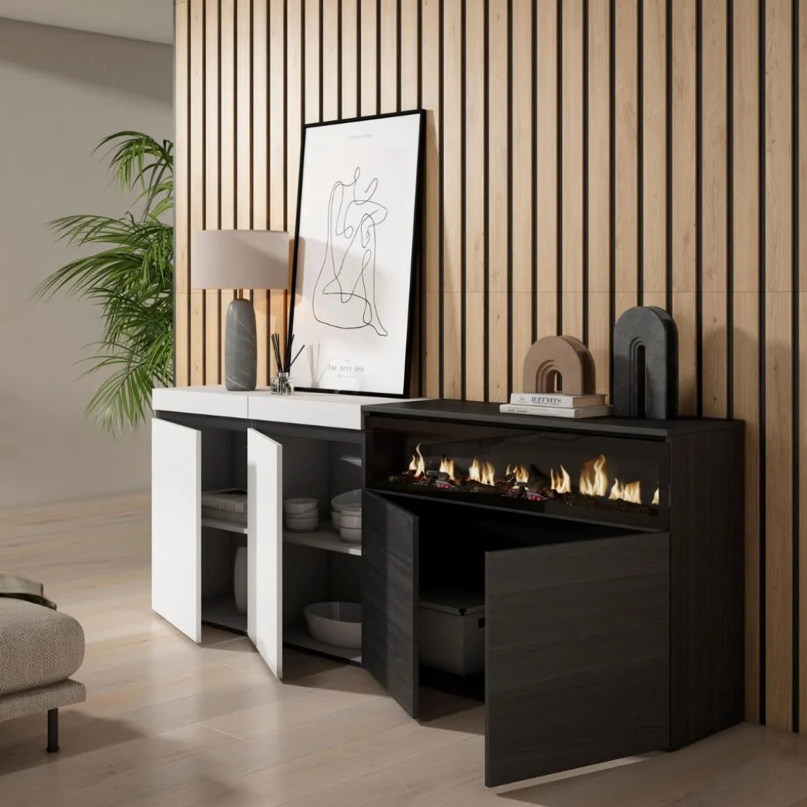 Aparador Kroma 4 puertas con chimenea derecha 75x203x34,6 cm