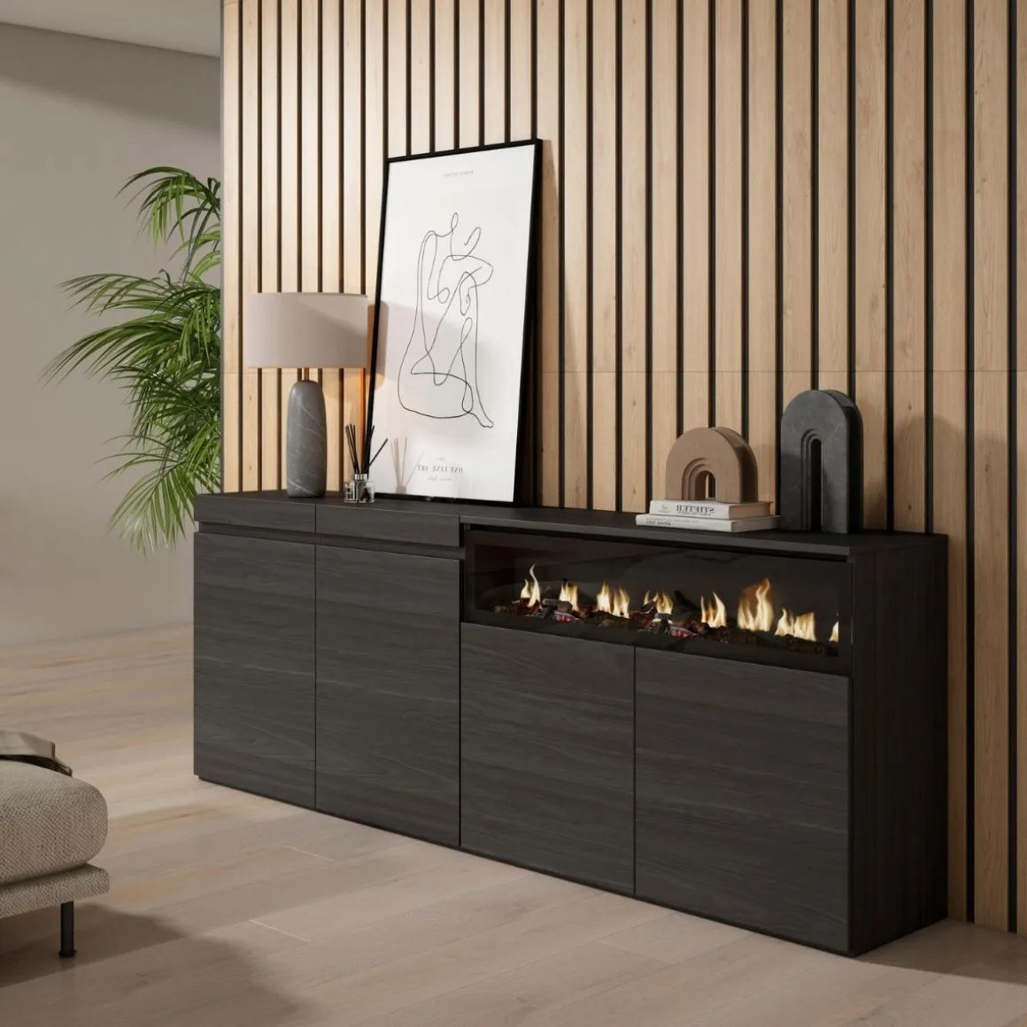 Aparador Kroma 4 puertas con chimenea derecha 75x203x34,6 cm