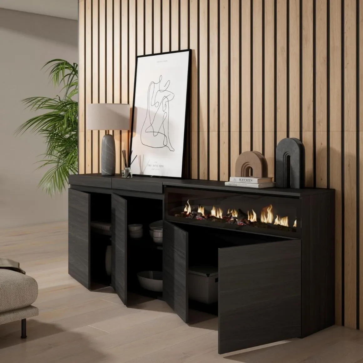 Aparador Kroma 4 puertas con chimenea derecha 75x203x34,6 cm