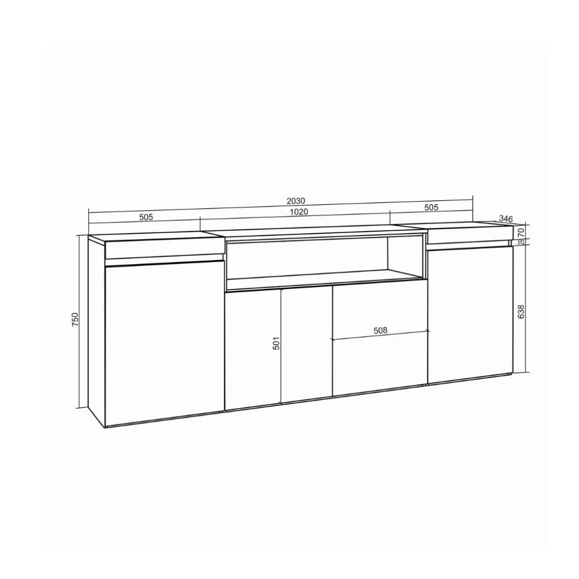 Aparador Kroma 4 puertas con compartimento central 75x203x34,6 cm