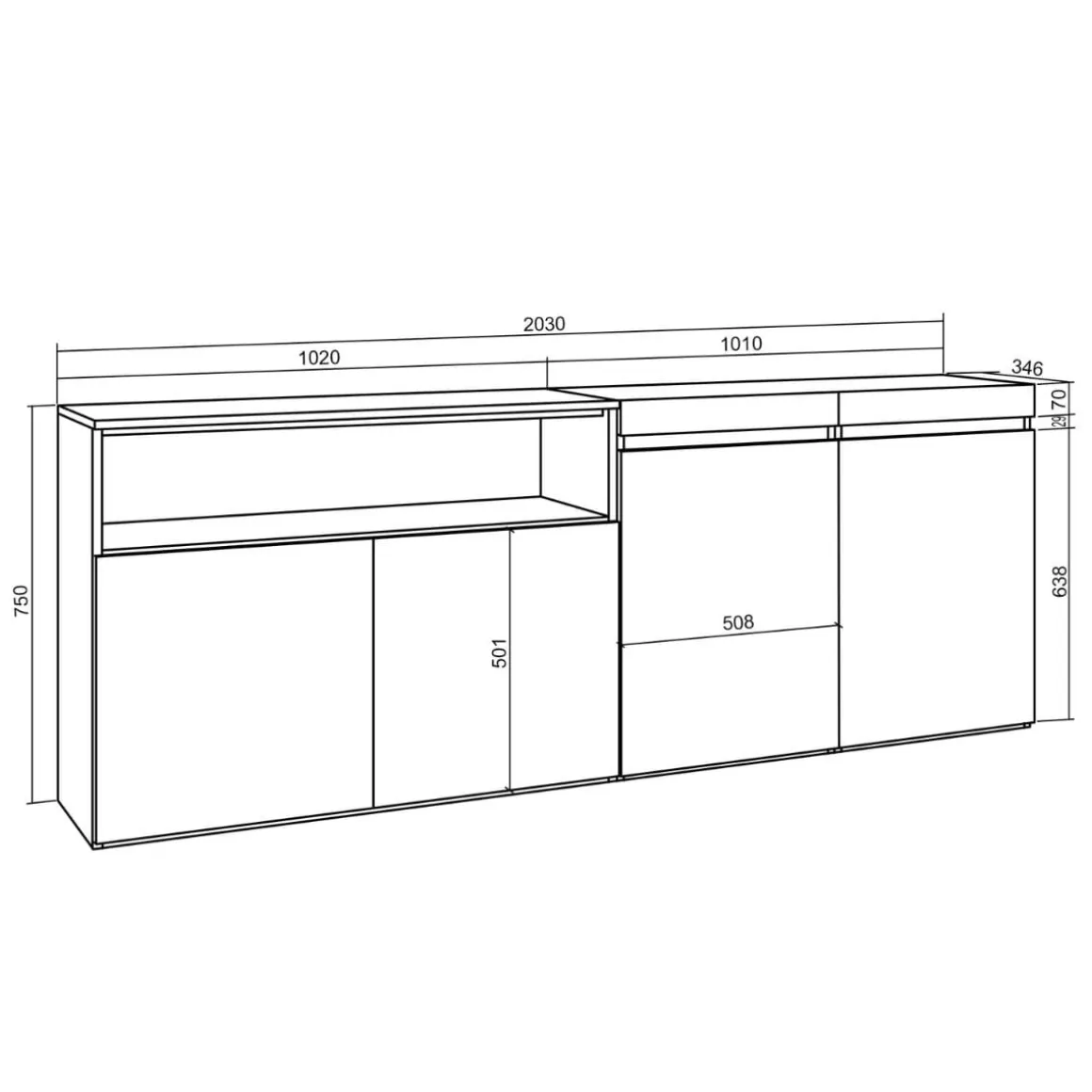 Aparador Kroma 4 puertas con estante a la izquierda 75x203x34,6 cm