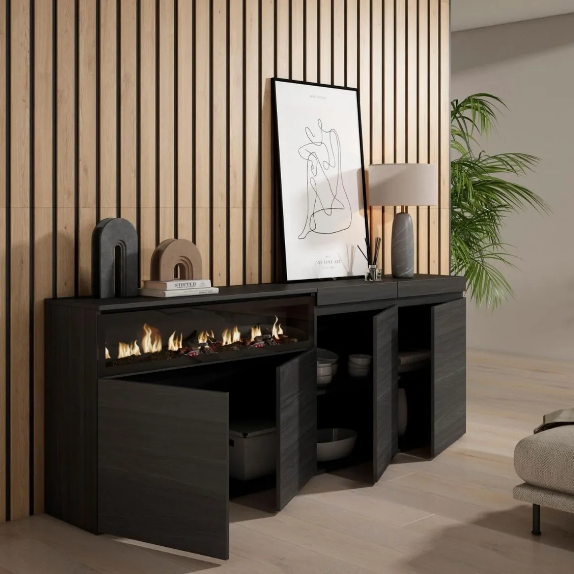 Aparador Kroma 4 puertas con chimenea izquierda 75x203x34,6 cm
