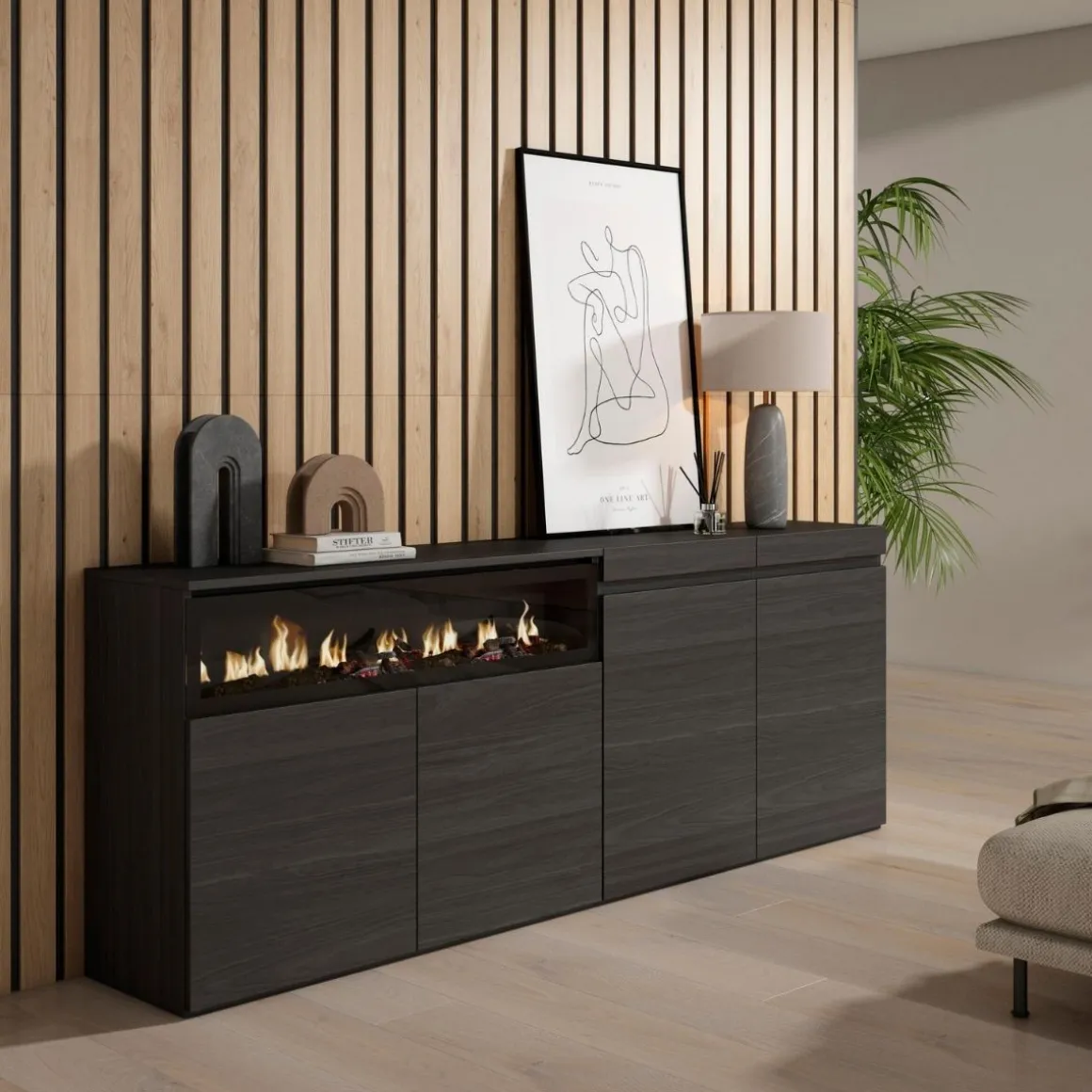 Aparador Kroma 4 puertas con chimenea izquierda 75x203x34,6 cm