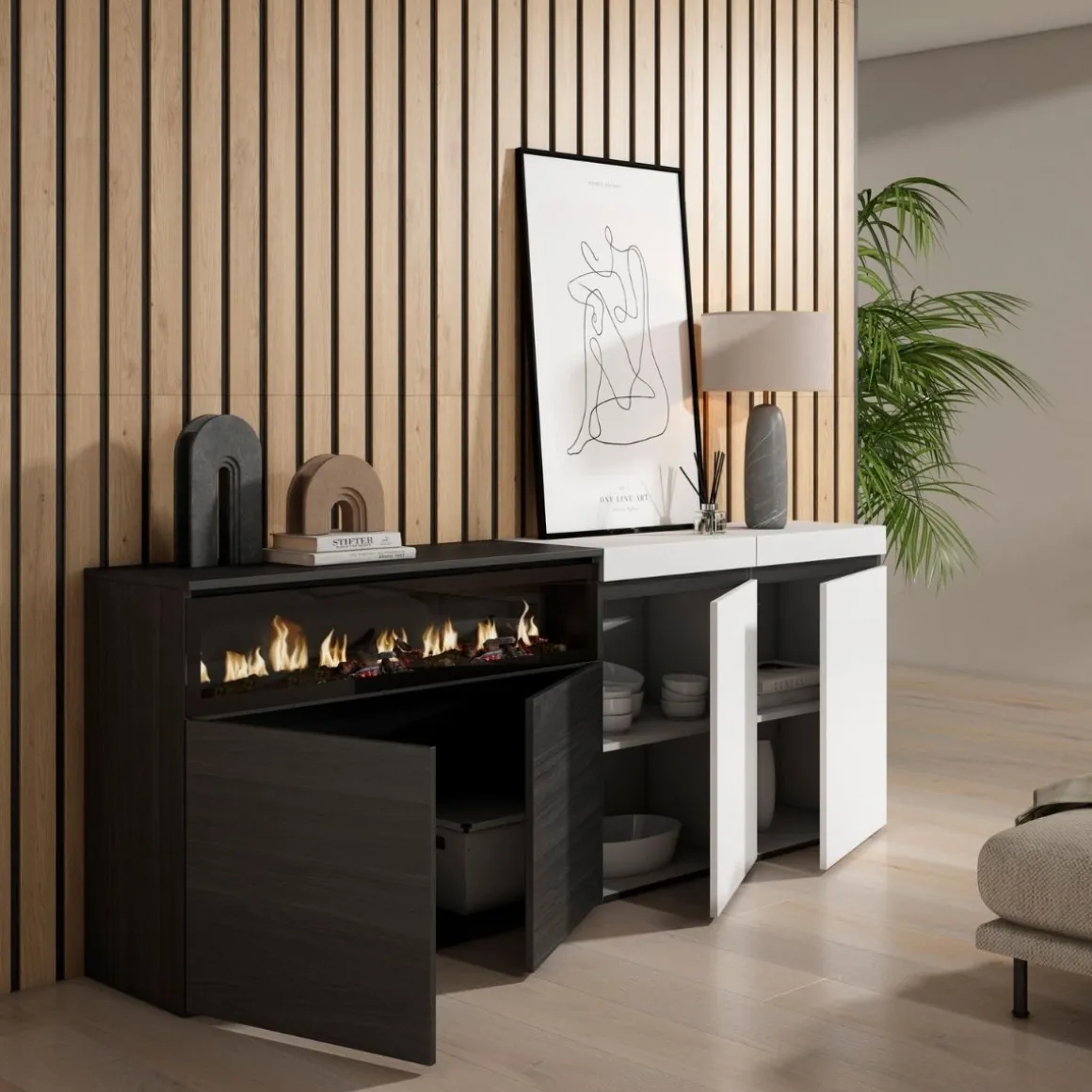 Aparador Kroma 4 puertas con chimenea izquierda 75x203x34,6 cm